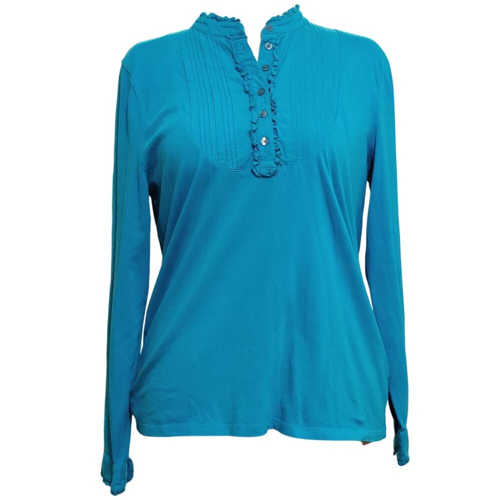 Charter Club XL Teal Ruffle Front Pintuck Blouse Long Sleeve Stretchy Coastal